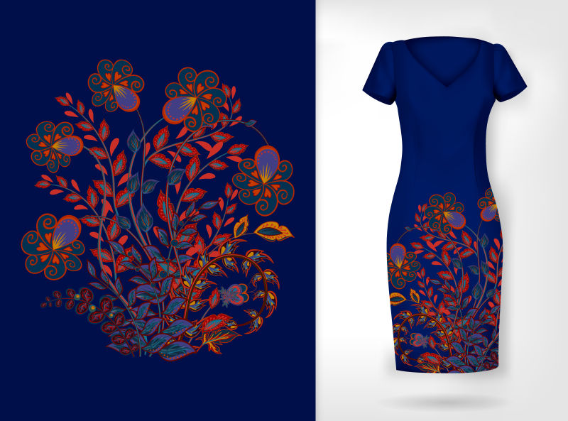 创意矢量现代装饰花纹元素的长裙设计插图
