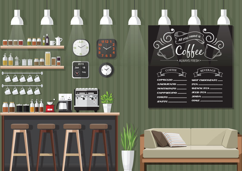 创意矢量现代咖啡厅室内设计插图