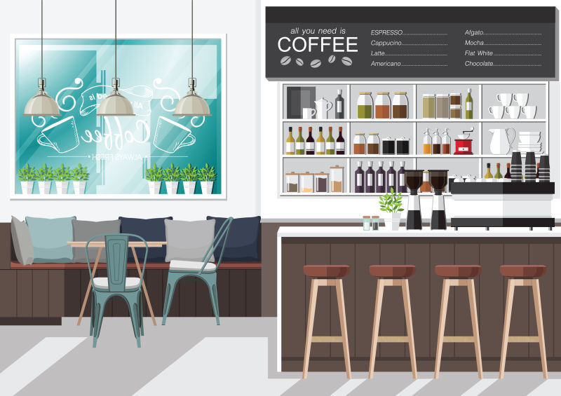 创意矢量现代咖啡厅设计插图