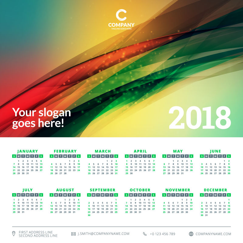 创意矢量现代彩色光线元素的2018日历设计