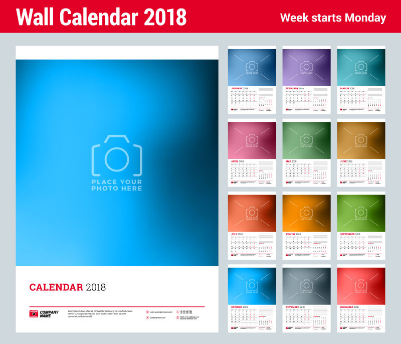 创意矢量彩色元素的2018日历设计