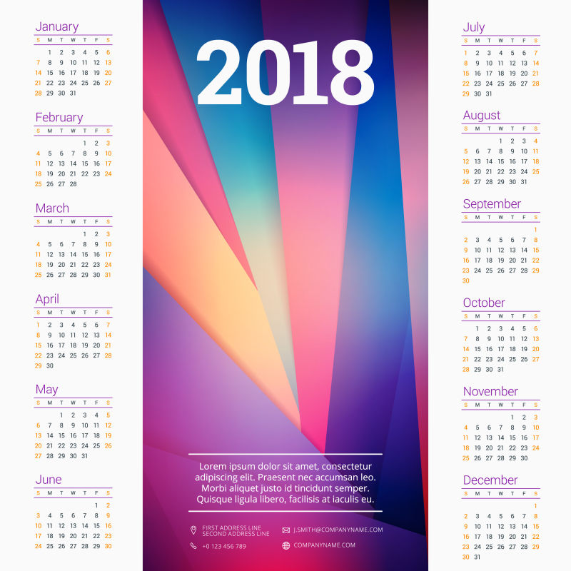  创意矢量彩色几何元素的2018日历设计