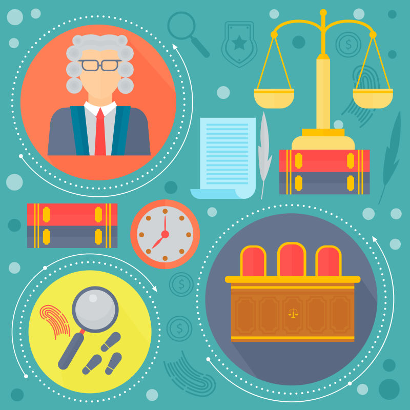 法律与司法设计理念与法官图书馆秤和法庭模板图标在圆圈设计网页元素海报横幅矢量插图