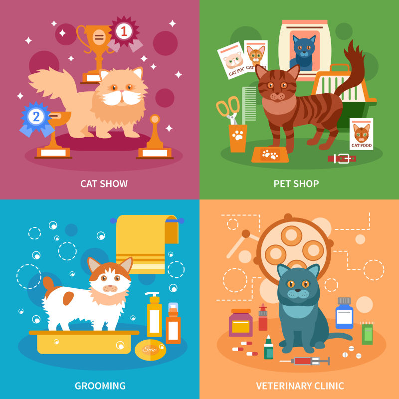 抽象矢量猫咪养护治疗主题的插图设计