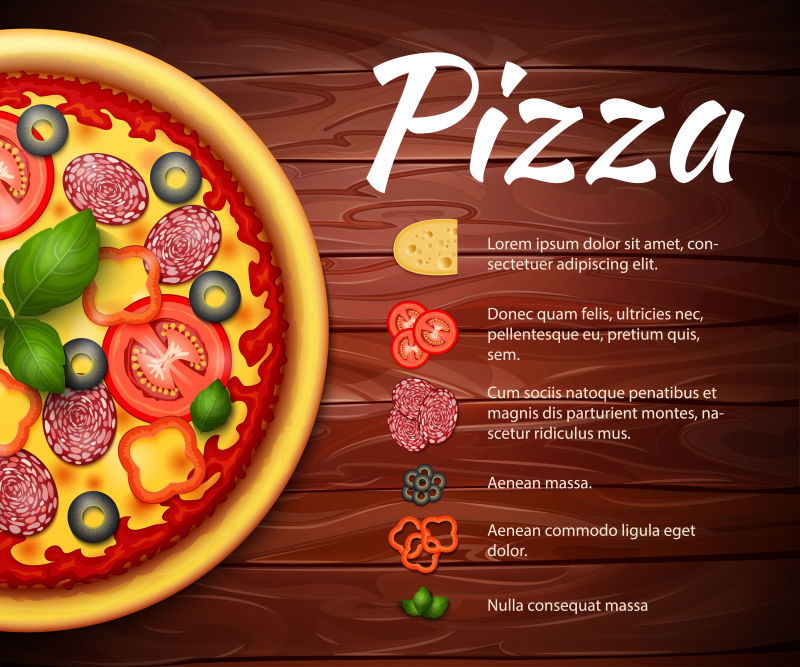 逼真比萨食谱矢量背景与配料西红柿和意大利香肠在木桌上的比萨