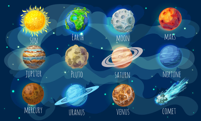 创意矢量现代太阳系行星卡通插图设计