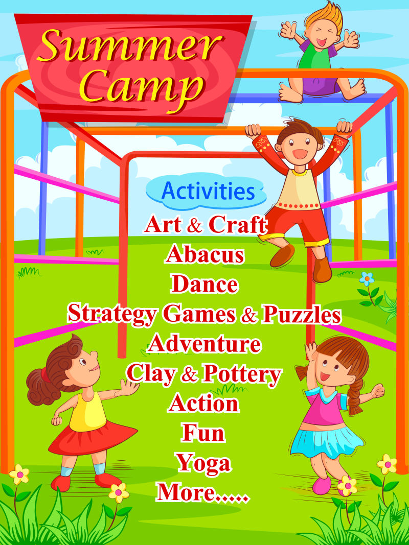创意矢量户外活动元素的儿童夏令营海报设计
