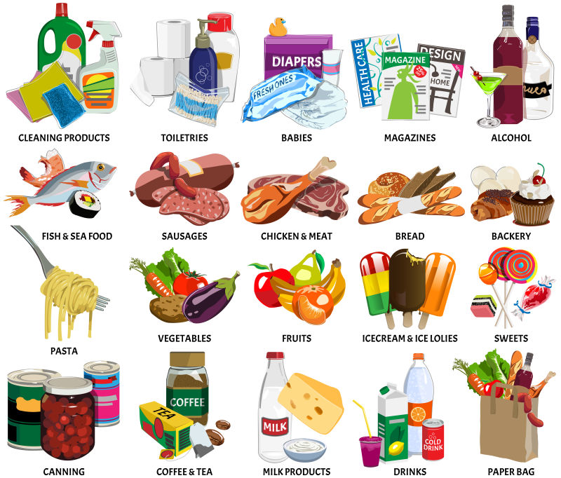 一套64个超市矢量图标包括：食品配料婴儿用品清洁用品洗漱用品杂志和装满产品的纸袋