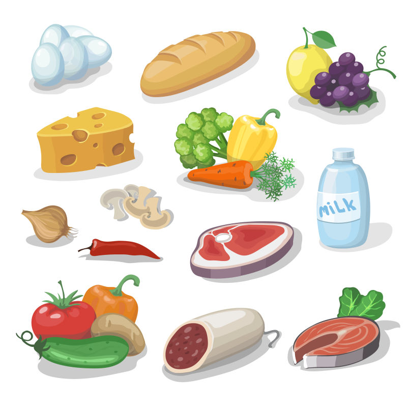 常见的日常食品卡通图标集供应奶酪和鱼香肠牛奶面包矢量插图