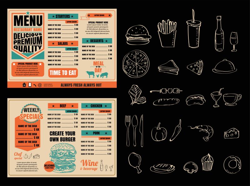 创意矢量复古手绘风格的快餐菜单设计