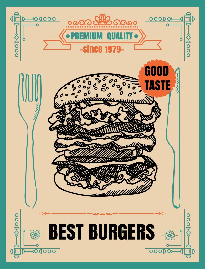 抽象矢量现代复古手绘汉堡菜单设计
