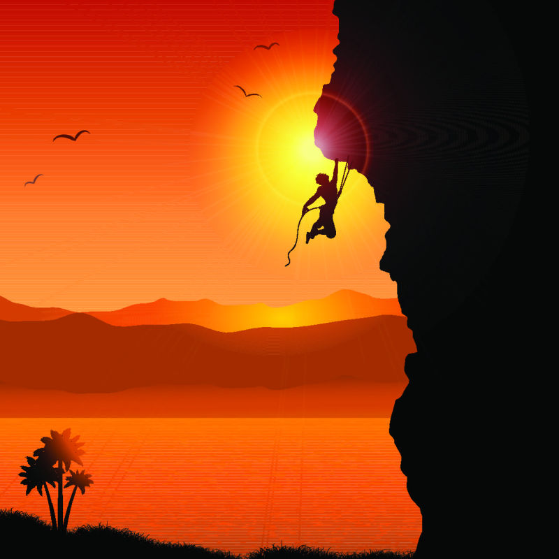抽象矢量现代夕阳下的攀岩者剪影插图设计