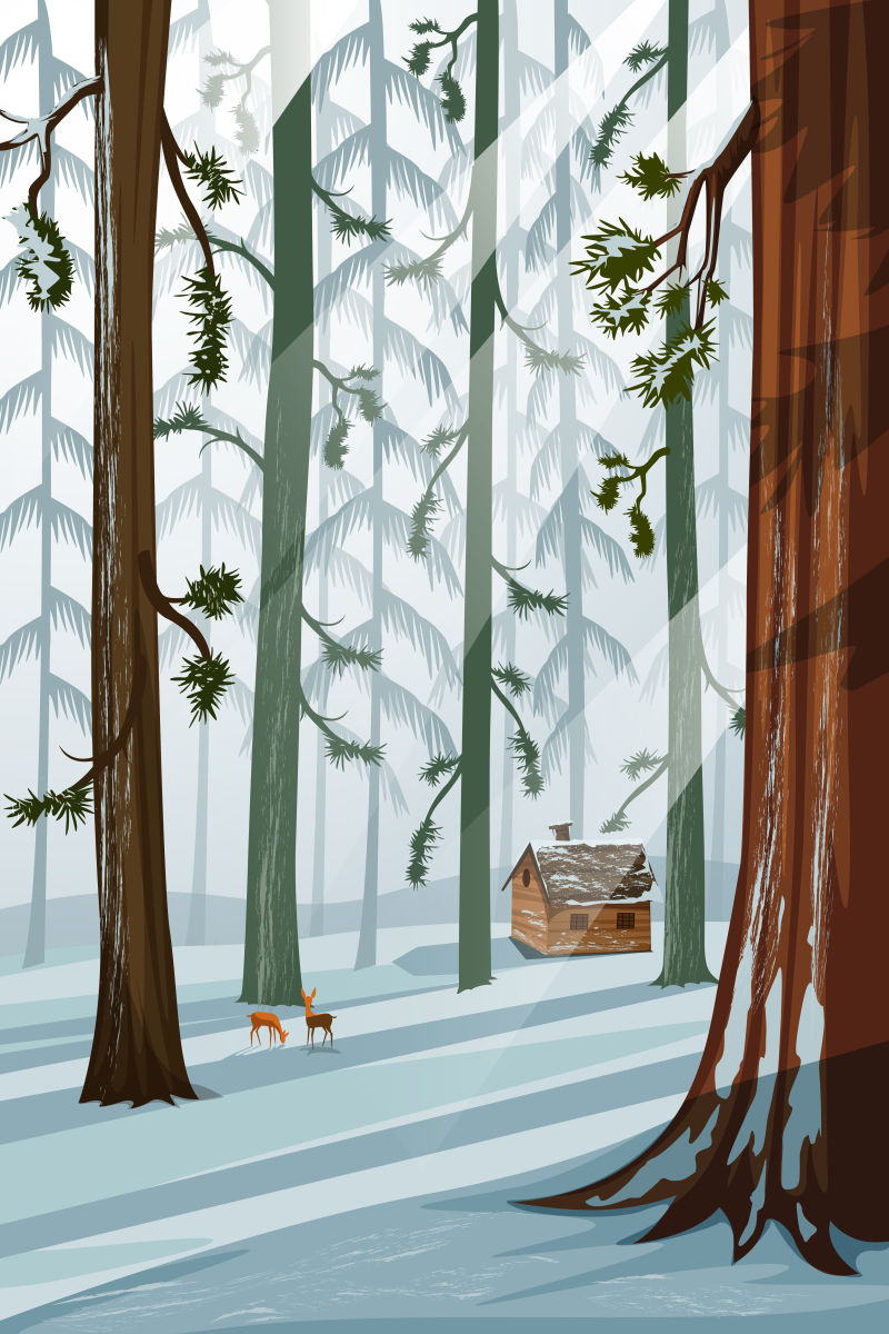 抽象矢量现代冬季森林自然风景插图