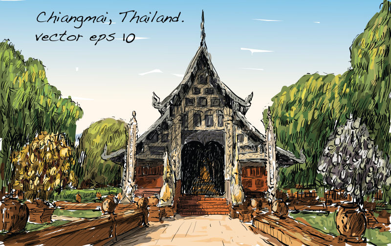 抽象矢量现代泰国城市手绘插图设计