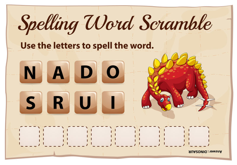 抽象矢量恐龙元素单词拼字游戏插图