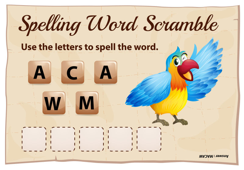 抽象矢量鹦鹉单词拼字游戏插图
