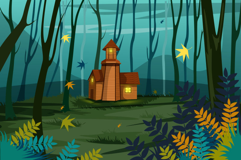 创意矢量现代森林小木屋插图设计