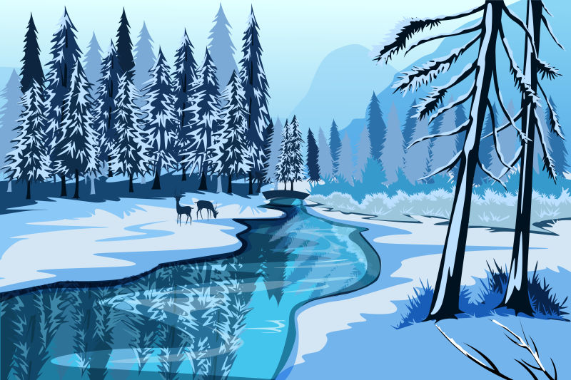 抽象矢量现代雪地中的森林插图设计