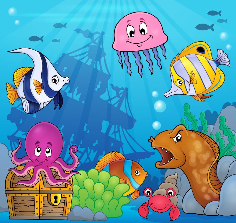 抽象矢量现代海底世界中的动物插图设计