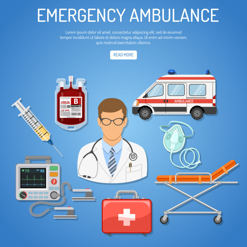 医疗急救车的概念与平面图标医生-血液容器-除颤器-担架-孤立向量图示