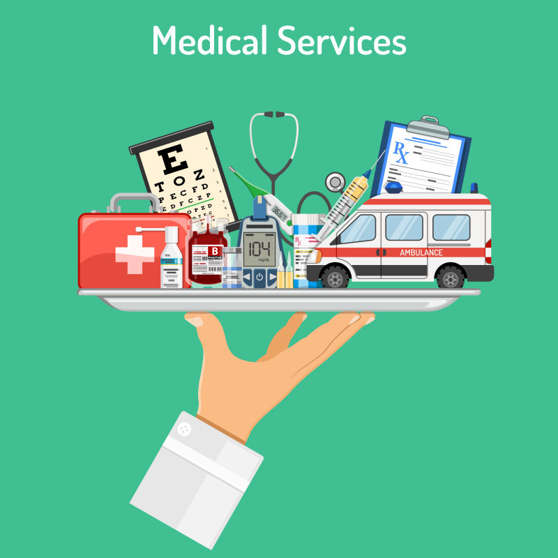 医疗服务概念与平面图标医生手拿托盘与药物如血液容器-救护车-处方-温度计-注射器-孤立向量图示