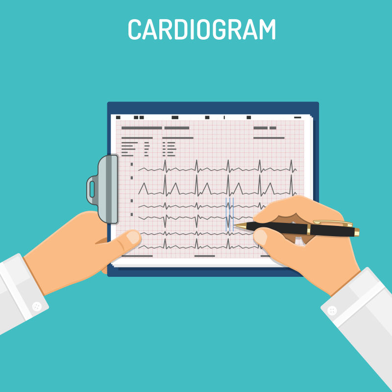 医生手里拿着夹板上的心电图并检查它-医疗卫生概念-平面样式图标-孤立向量图示