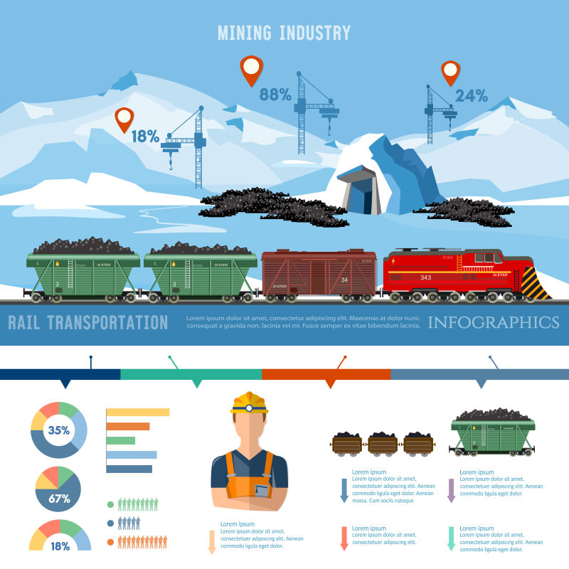 抽象矢量现代煤炭运输主题平面设计插图