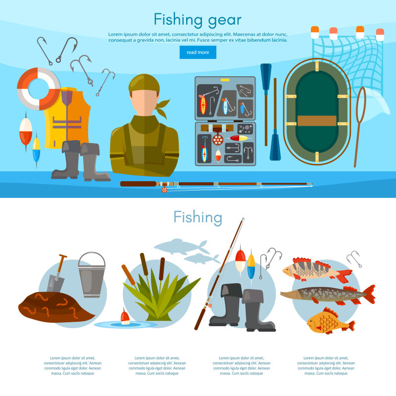 夏季捕鱼专业渔民信息图和元素矢量模板