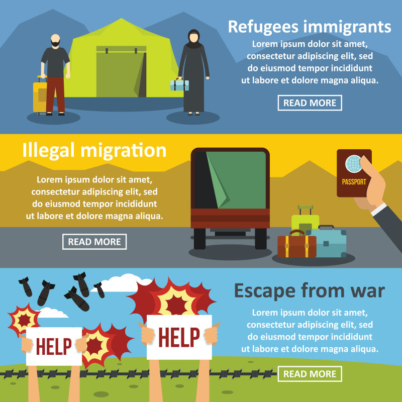 抽象矢量现代难民迁移主题的插图平面设计