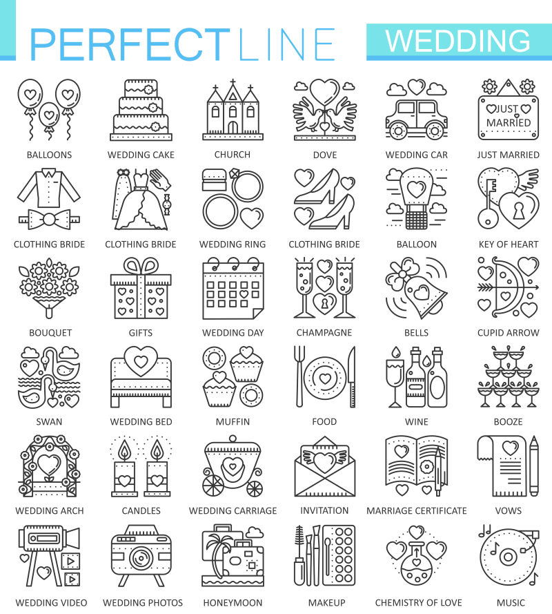 抽象矢量婚礼主题的线性图标设计