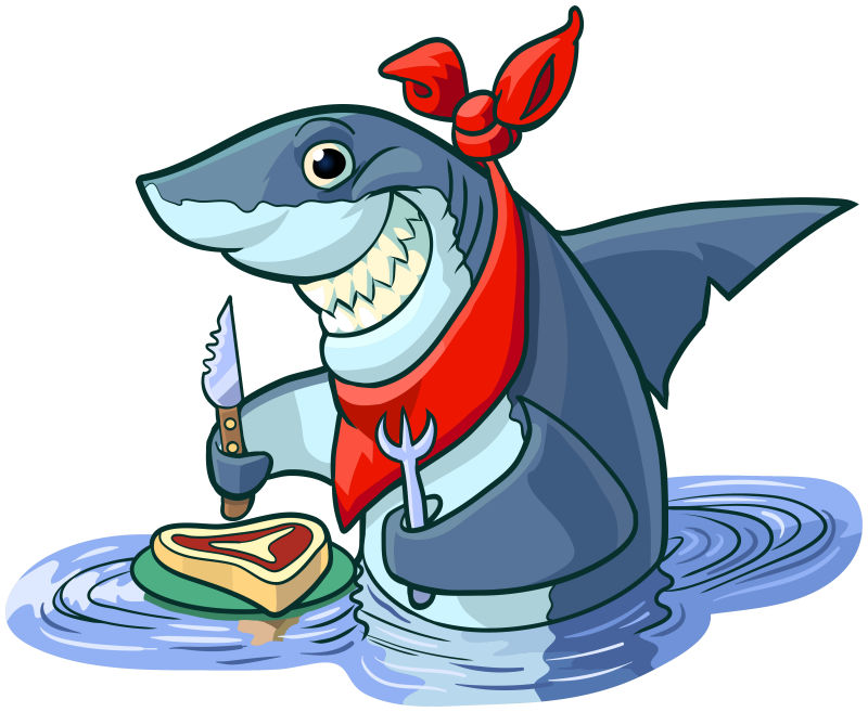 可爱的快乐卡通鲨鱼配牛排和餐具