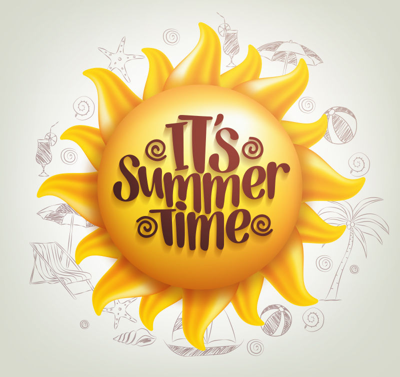 三维现实太阳矢量与夏季标题在背景与手工绘制夏季元素-矢量图解