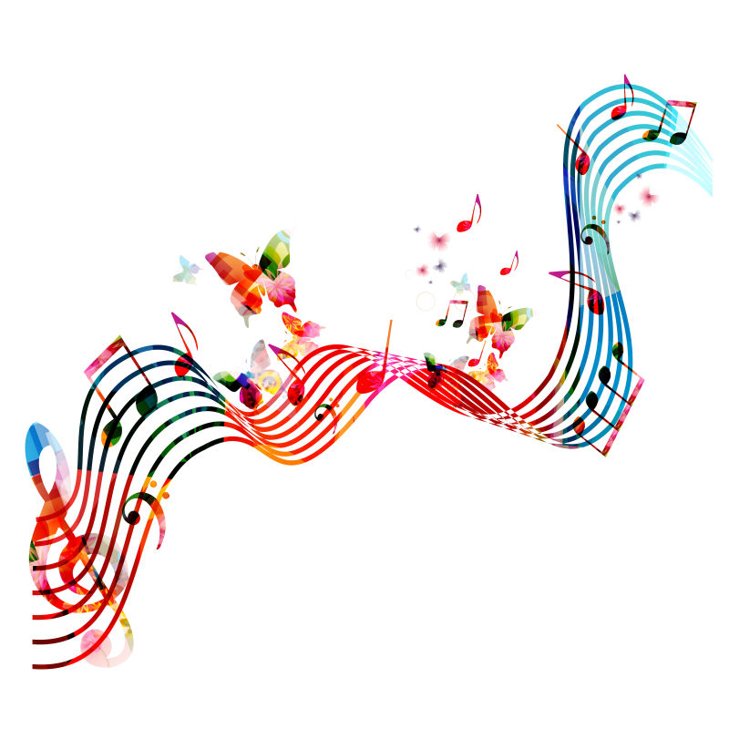 五彩缤纷的音符和蝴蝶隔离矢量插图海报宣传册横幅传单音乐会音乐节的音乐背景