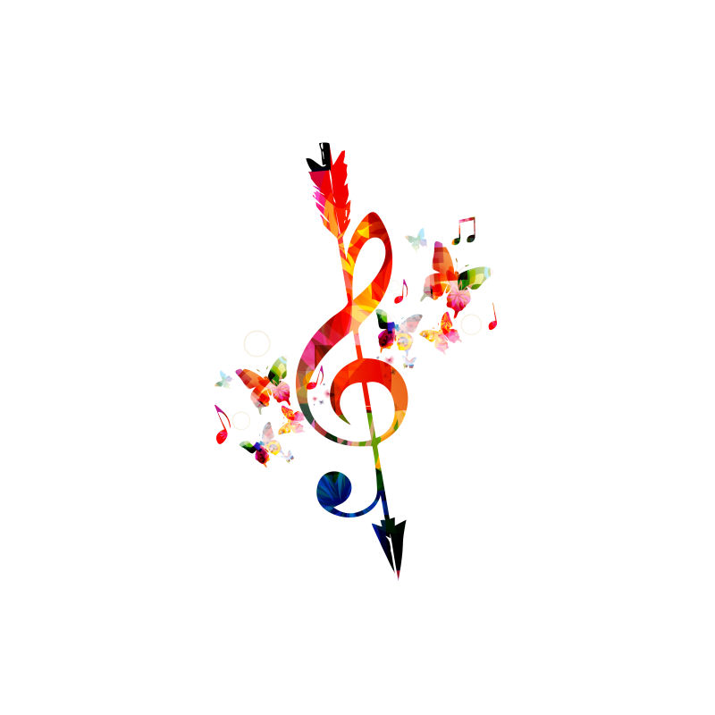 五彩缤纷的G-clef与箭头和音乐音符分开音乐符号背景矢量插图海报小册子邀请函横幅传单音乐会和节日设计