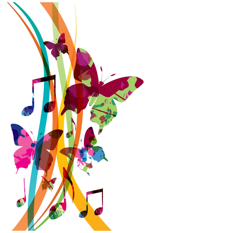 彩色音乐音符与蝴蝶隔离矢量插图海报宣传册横幅传单音乐会音乐节的音乐背景