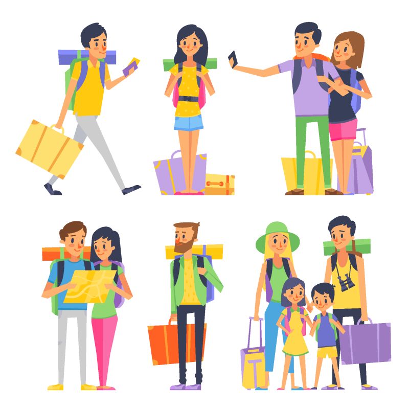 一群快乐的人去度假-带孩子旅行的夫妇或家人-矢量图-人们带着背包一起度假