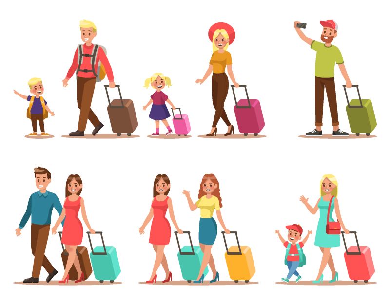 家庭生活方式-家庭旅行时间-快乐的家庭去旅行-矢量插图设计