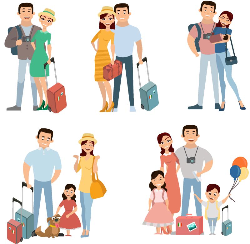 人们和家人外出度假-家庭旅行-爸爸妈妈-儿子和女儿在机场-平面式矢量图