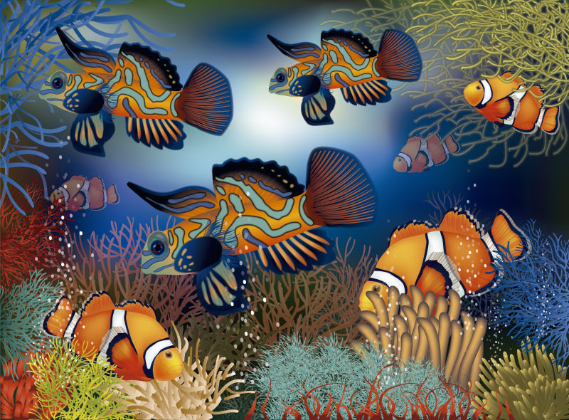 矢量抽象现代海中的鱼插图设计