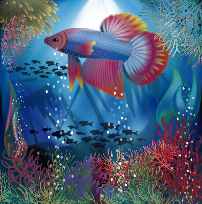 矢量抽象现代海中的鱼类插图设计
