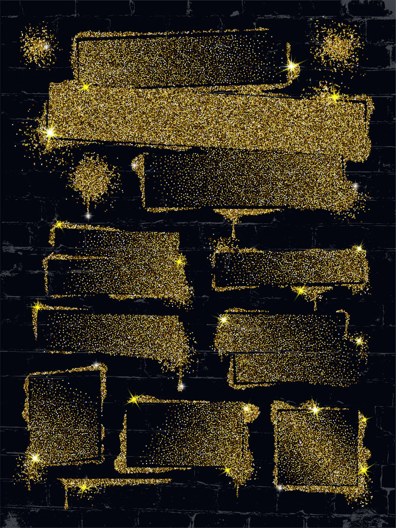 各种闪光喷漆涂在砖墙上带有金色闪光的碎纸或闪闪发光的凝胶涂料闪耀喷墨背景