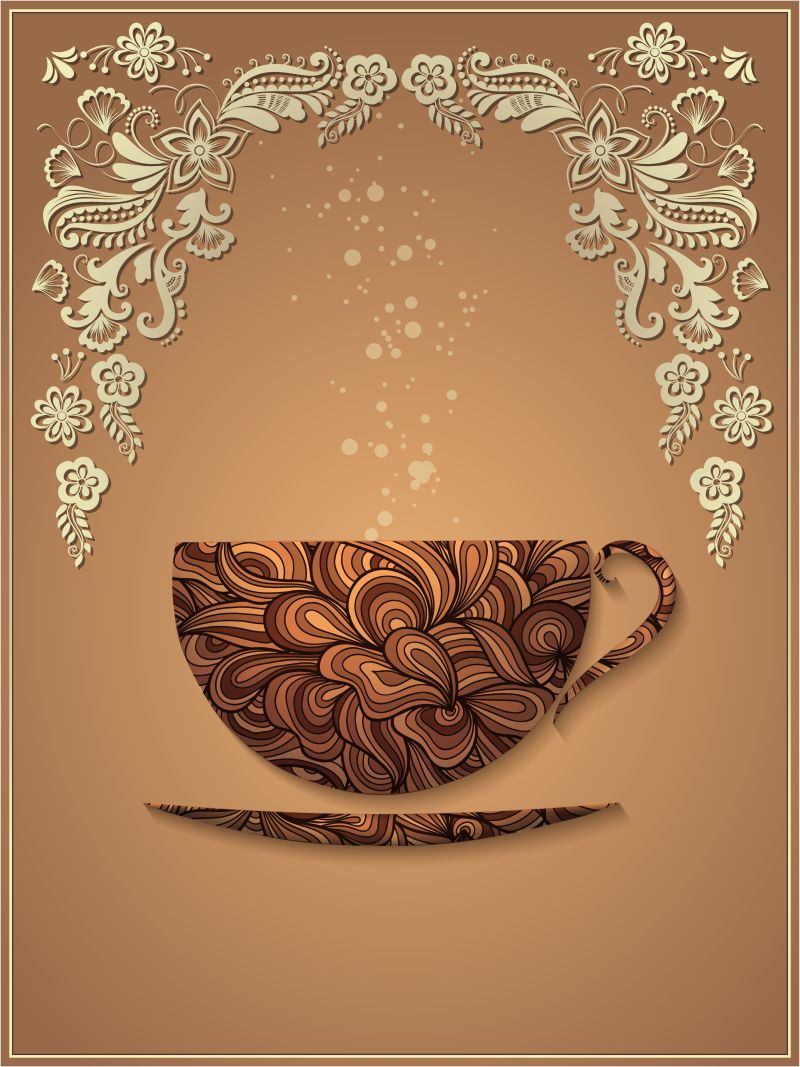 矢量咖啡背景与花卉图案元素EPS10