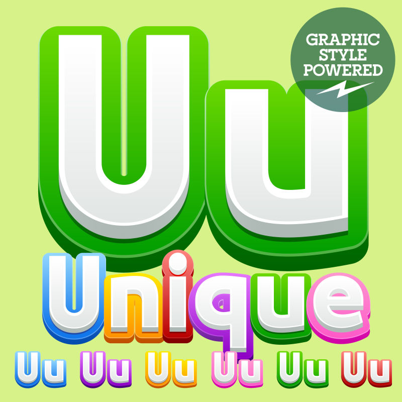 矢量可爱的儿童字母表集-包含不同的图形样式-字母U