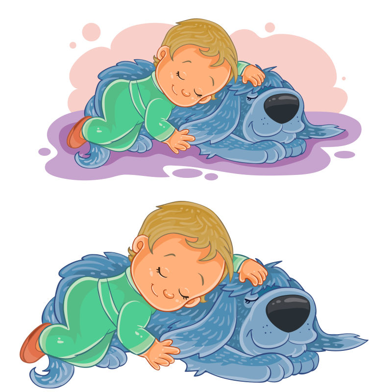 抽象矢量和狗一起睡着的孩子插图设计
