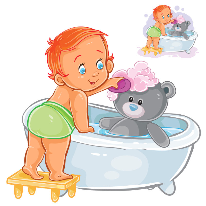抽象矢量现代给泰迪熊洗澡的孩子插图设计