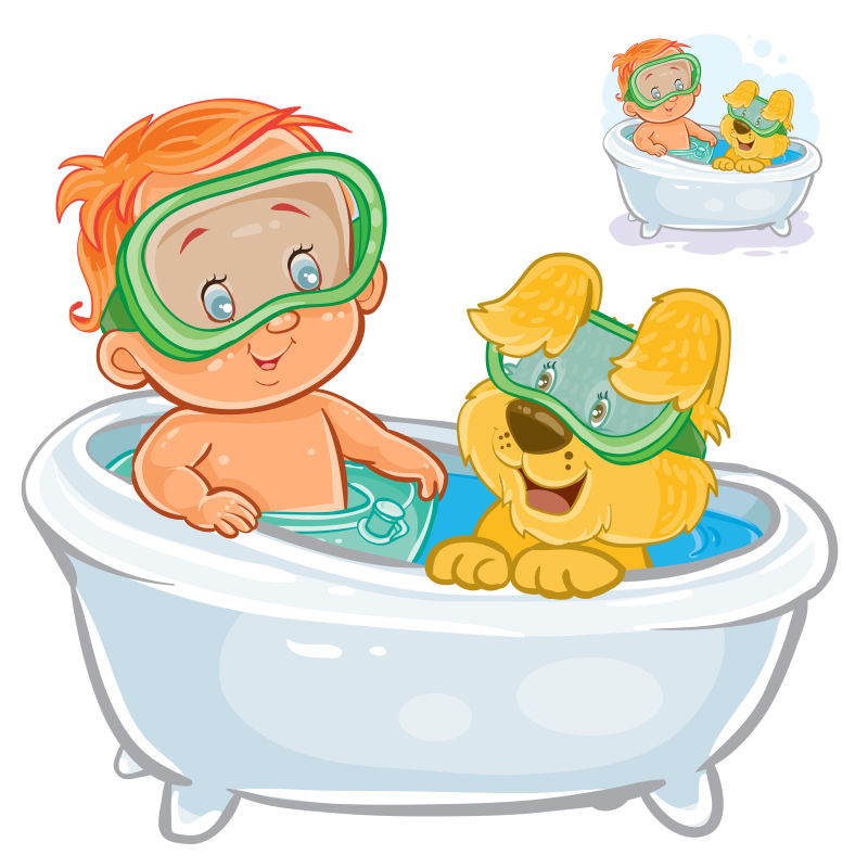 抽象矢量现代戴泳镜洗澡的孩子插图设计