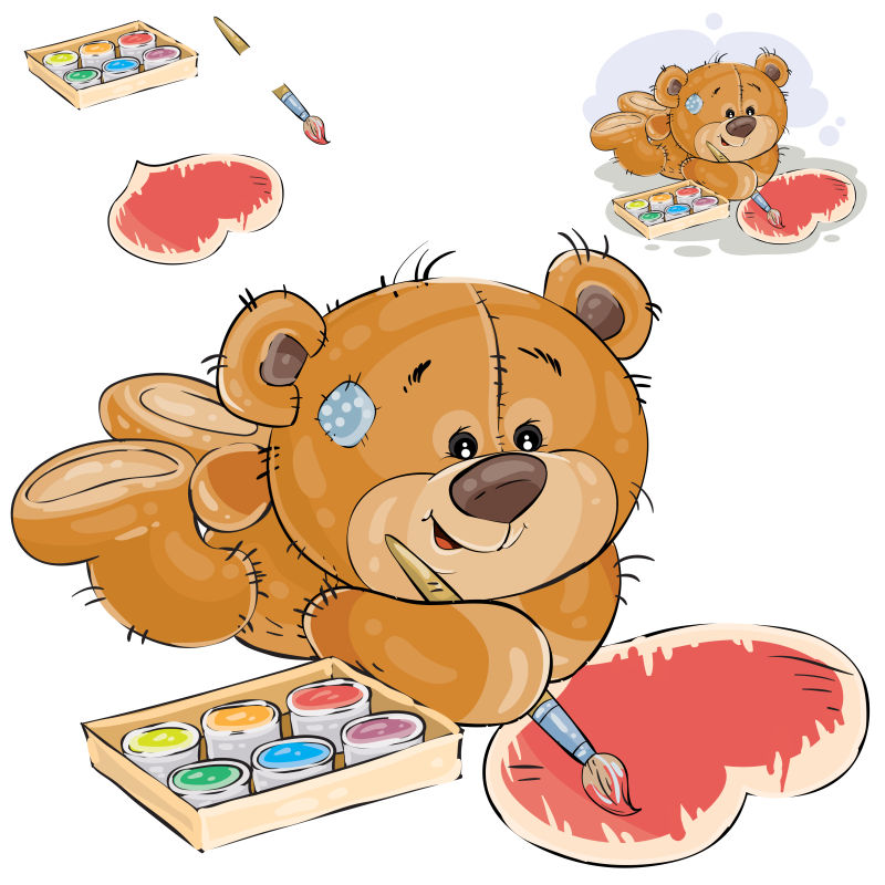 棕色泰迪熊用刷子和红色颜料描绘心脏