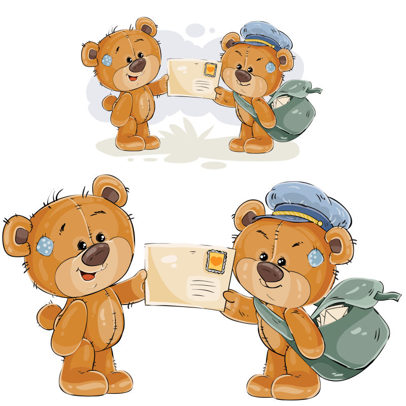 一个棕色泰迪熊邮递员给另一只泰迪熊写信的矢量图