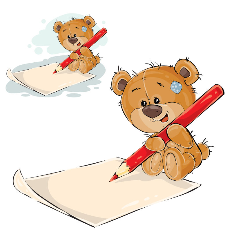 图为一只棕色泰迪熊用爪子夹着一支铅笔然后把它写在纸上