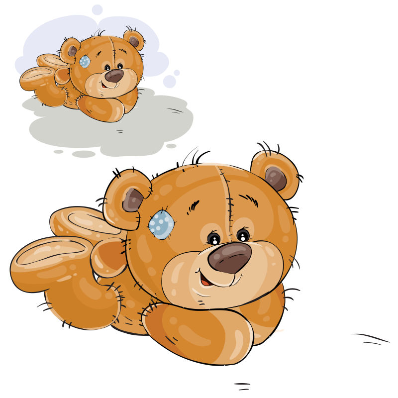 一只棕色泰迪熊躺在他肚子上的地板上